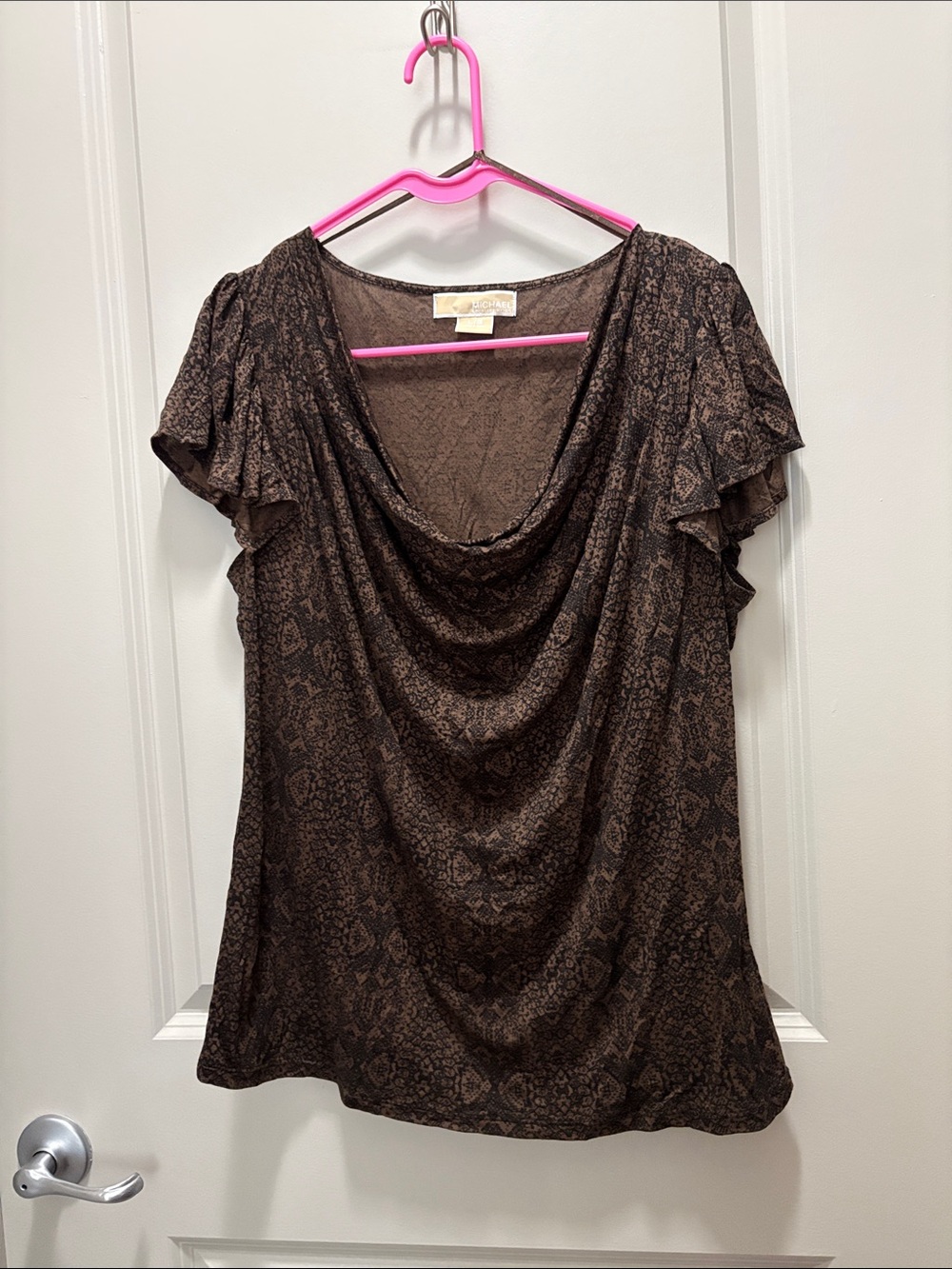 Michael Kors Brown Draped Cowl Neck Flutter Sleeve Blouse